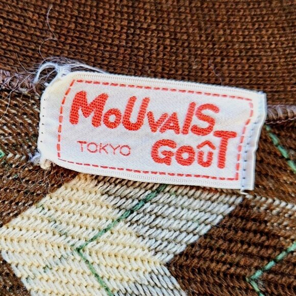 1970s Japan Knit Cardigan XS Argyle Brown Cream V-Neck Button Front - Picture 3 of 12